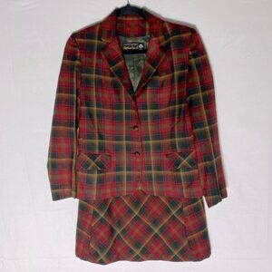 Vintage Highland Queen Red Green Tartan Plaid Wool Skirt Suit Matching Set XS